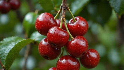 Fresh red cherries on the tree.