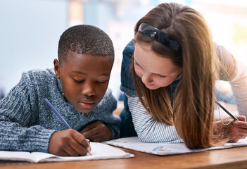 Poster - Children, writing and book for education at school of learning, study quiz and drawing assessment. Students, stationery and helping for creative test, sketch colour and lesson activity of development