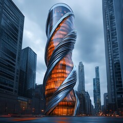 Sticker - Futuristic skyscraper with a unique spiral design, standing tall amidst other buildings in a city.