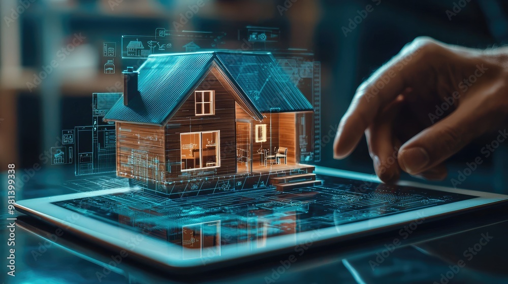 A tiny house model on a digital tablet, with a futuristic interface ...