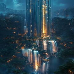 Canvas Print - Futuristic skyscraper with cascading waterfalls in a lush forest setting at night.