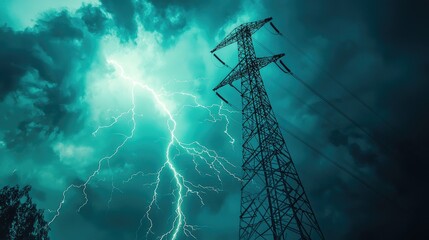 a very big lightnig hitting an electric tower , mint green and blue theme , 8k , realistic , high resolution