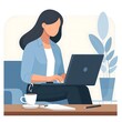 © Bohdana - A flat-style illustration of a woman focused on her laptop. Ideal for work-from-home, business, tech, or freelance-related designs. Clean and simple composition on a white background.