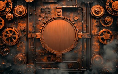 Poster - A steampunk-inspired backdrop featuring gears, pipes, and a central circular panel, evoking an industrial aesthetic.