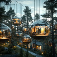 Poster - Futuristic spherical houses hanging in the air, illuminating a pathway in a forest at dusk.