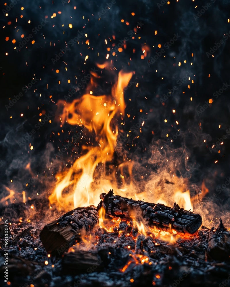 Bright flames dance in a close-up bonfire at night, with sparks and ...