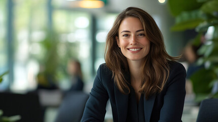 Canvas Print - Businesswoman sitting in a contemporary office with plants in the background, smiling