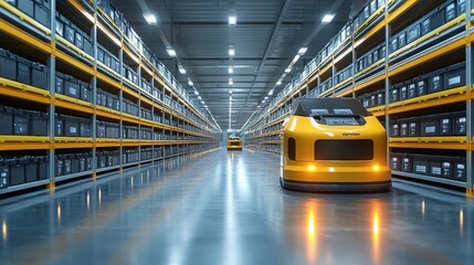 Poster - Futuristic distribution center with automated vehicles moving goods in a large warehouse