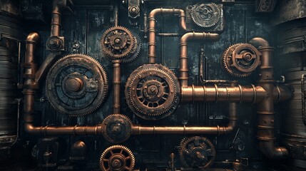 Wall Mural - A detailed arrangement of copper gears and pipes, showcasing industrial machinery and design.