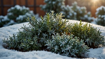 Wall Mural - Frost-covered herb garden with vibrant rosemary, thyme, and sage, surrounded by snow.