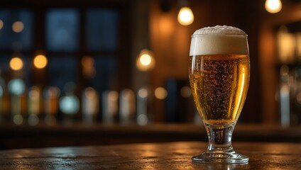 Wall Mural - Frothy draft beer in a chilled glass on a rustic pub table with warm lighting.