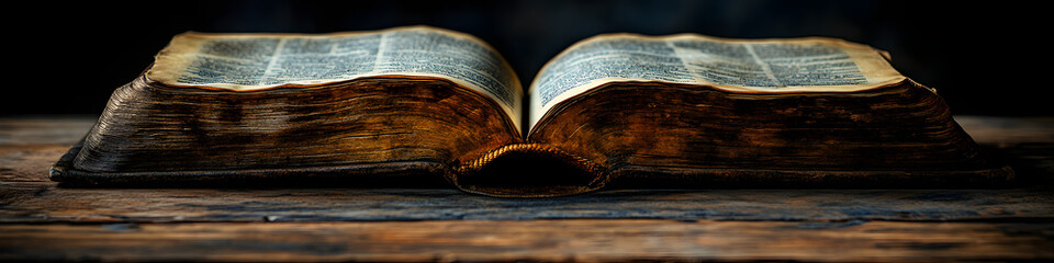 Wall Mural - “An Open Bible Resting on an Old Wooden Table, Symbolizing Faith, Tradition, and Spiritual Reflection, Capturing a Timeless and Sacred Moment of Christian Worship and Contemplation”
