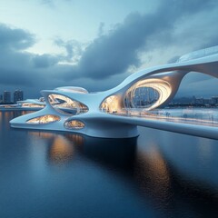 Canvas Print - Futuristic white bridge with flowing lines extending over water at twilight with city skyline in the background.