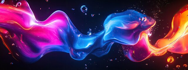 Wall Mural - Neon liquid shapes against a deep black background with glowing effects 