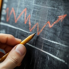 Hand drawing a red upward arrow on a chalkboard with a yellow pencil, representing financial growth and success.