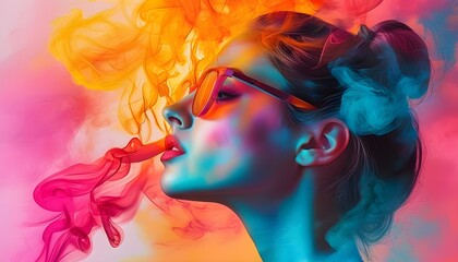 Wall Mural - Vibrant Artistic Portrait of a Woman with Abstract Smoke Blending into Silhouette