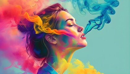 Wall Mural - Vibrant Artistic Portrait of a Woman with Abstract Smoke Blending into Silhouette