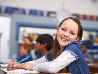 Aufkleber - Portrait, smile and girl in classroom for lesson in growth, child development and notebook for education. Happy, learning and face of student with exam notes, knowledge and study at elementary school