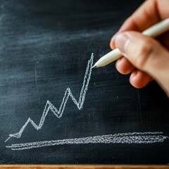 Hand drawing an upward trend line on a chalkboard with chalk.