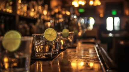 A bar with glasses filled with silver and gold tequila, each served with a slice of lime.