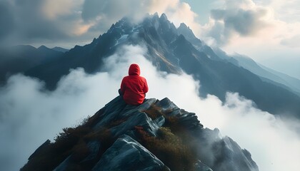 Wall Mural - Solitary figure in a red jacket atop a misty mountain peak, immersed in the serene beauty of nature and reflecting on solitude.