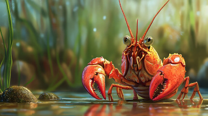 A charming cartoon drawing of a crawfish.