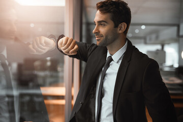 Poster - Office, lawyer and businessman with smile for thinking, case trial and justice by window reflection. Career, male attorney and planning with ideas for court procedure, corporate law and legal advice