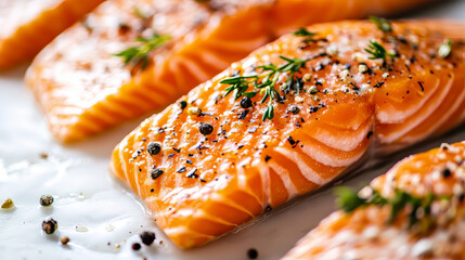 A close-up view of a delicious salmon fillet, ready to be cooked. It's sitting on a white background.