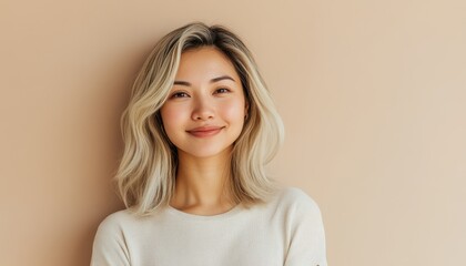 Wall Mural - minimalistic portrait of asian softly smiling young woman or girl with blond hair on beige background with copy space