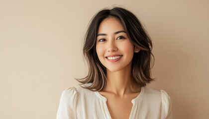 Wall Mural - minimalistic portrait of smiling young woman wearing white blouse on beige color background, natural beauty