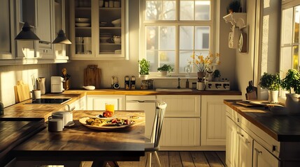 banner of a kitchen with kitchen table and breakfast at the kitchen counter top white cupboards and wooden floor