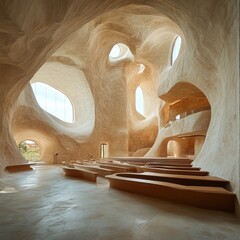 Sticker - Interior of a modern, abstract church with organic, undulating walls and large, oval windows.