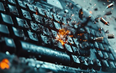 dramatic scene featuring an explosive effect on a keyboard, symbolizing tech destruction and creatin