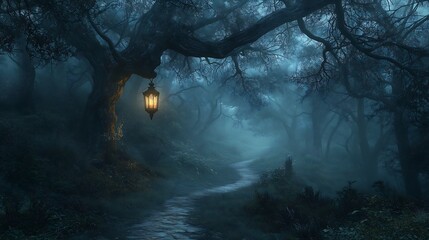 Poster - A narrow, winding path through a dark, dense forest