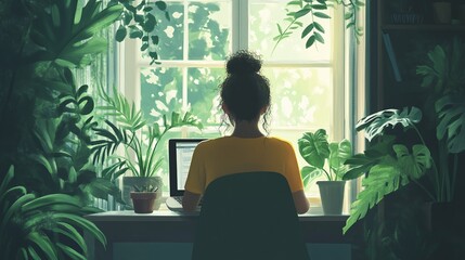 modern home office setup featuring a woman working on a laptop by the window surrounded by plants ideal for showcasing a relaxing and creative environment