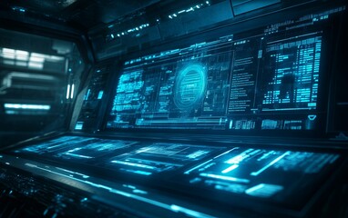 Aufkleber - A futuristic control panel featuring glowing screens with data displays, suggesting advanced technology and monitoring.