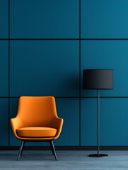 Wall Mural - Modern orange armchair with black floor lamp in a teal room.