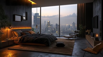 Wall Mural - Bedroom with a panoramic window view, a plush neutral-toned area rug, and modern accent lighting.