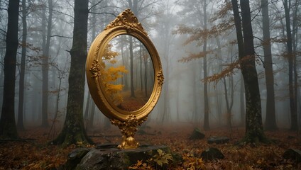 Poster - Golden Mirror in a Foggy Autumn Forest