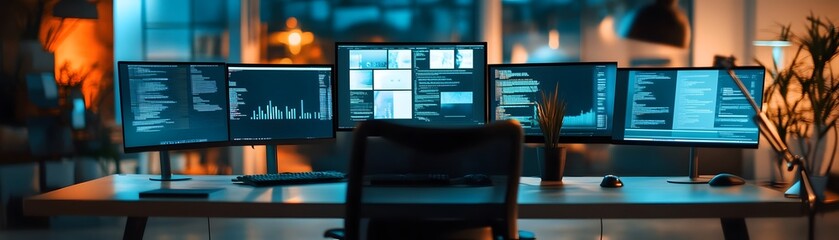 Fototapete - Modern workspace with multiple screens displaying data analytics and programming in a dimly lit office environment.