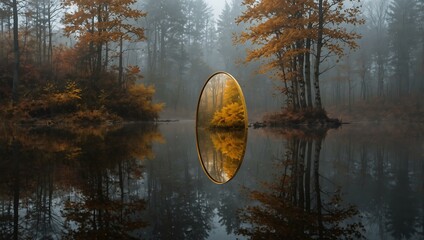 Sticker - Golden Mirror in a Foggy Autumn Forest