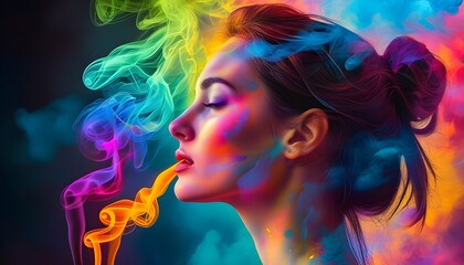 Wall Mural - Vibrant Artistic Portrait of a Woman with Abstract Smoke Blending into Silhouette