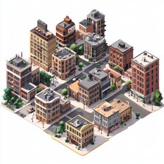 Sticker - Isometric view of a city block with buildings, streets, and trees.