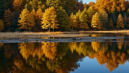 Wall Mural - Golden Mirror Reflecting Autumn Scenery