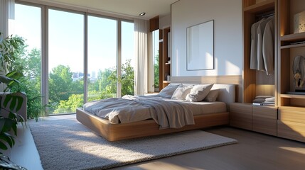 Wall Mural - Bright bedroom with a wall of windows, plush area rug in muted tones, and sleek built-in storage units.