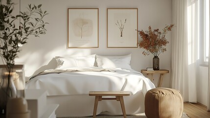 Wall Mural - Bright bedroom with a white bed, wooden stool featuring a vase of flowers, pouf near the bedside, and modern posters on the wall.