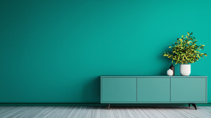 Wall Mural - Teal cabinet against a teal wall with a plant on top.