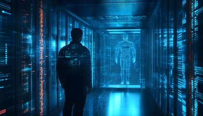 Poster - A futuristic scene showcasing a person interacting with a holographic human figure in a digital environment.