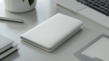 Poster - A minimalist workspace featuring a white wallet, pen, laptop, and stacked notebooks on a sleek surface.