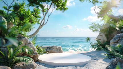 A white podium in round-shaped displayed on the sand with a big tree branch and some green tropical leaves. Blue sky background